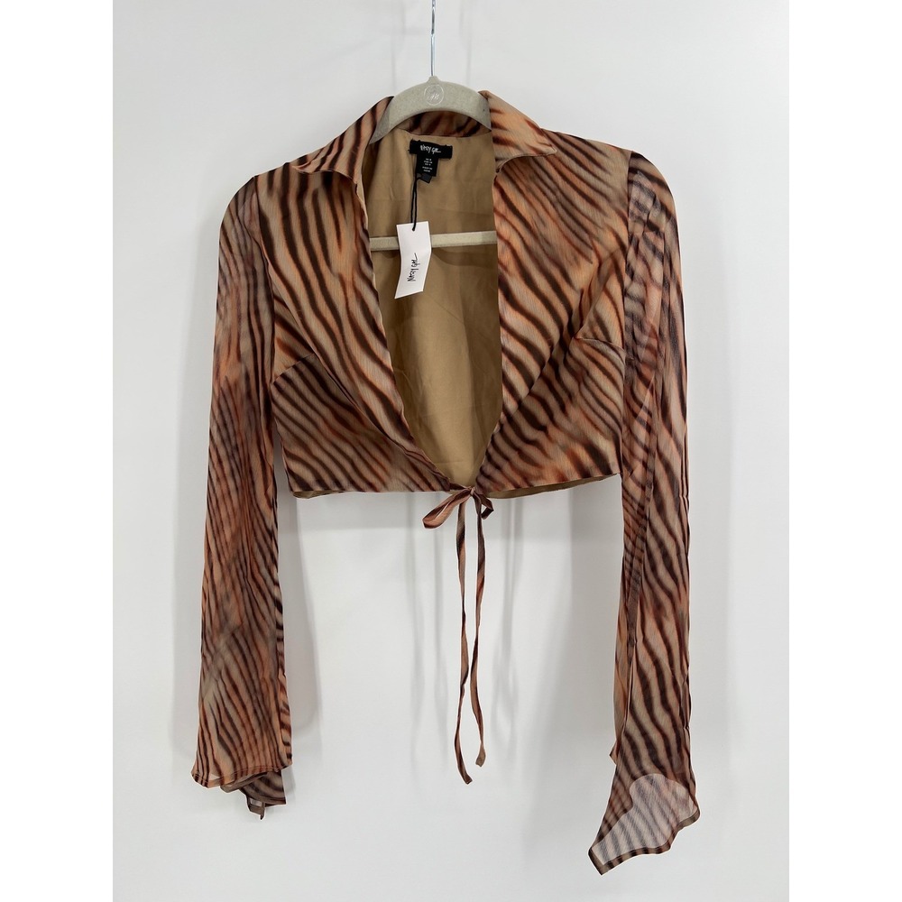 Nasty Gal Chiffon Blurred‎ Zebra Tie Front Fluted Sleeve Crop Top US 4 NWT